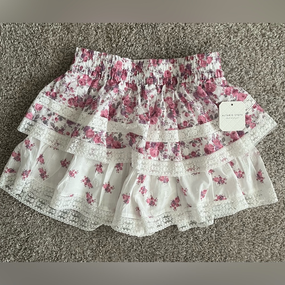 Altar'd State Pink Floral Lace Mini Skirt